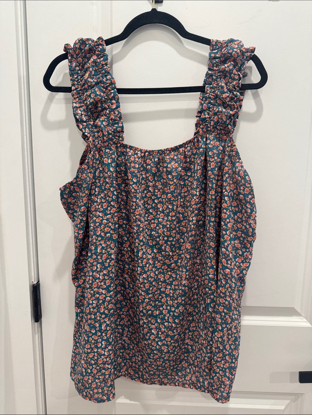 Floral Ruffle Strap Tank Top - Teal and Coral